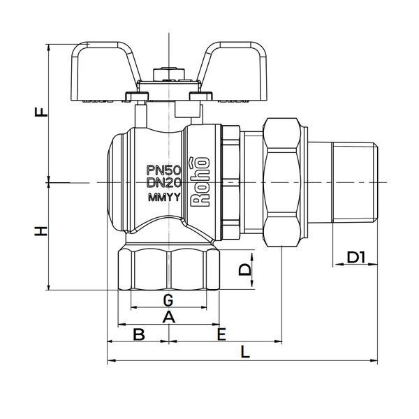 Кран з американкою Roho R106-075 - 3/4" кутовий (RO0090) RO0090 фото