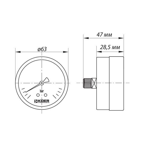 Манометр осьової KOER KM.611A D 63мм (0-6 bar) 1/4''(KR2901) KR2901 фото